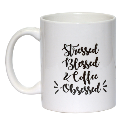 BW (Stressed Blessed & Coffee Obsessed) Ceramic 15 oz. Coffee Mug-White